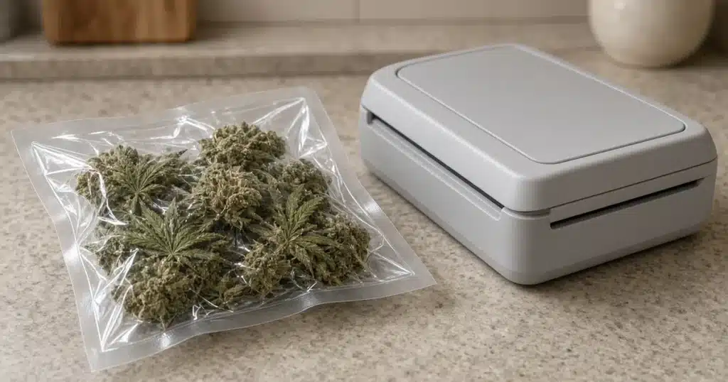 Vacuum sealed bag of dried cannabis buds on a counter beside a plain vacuum sealer