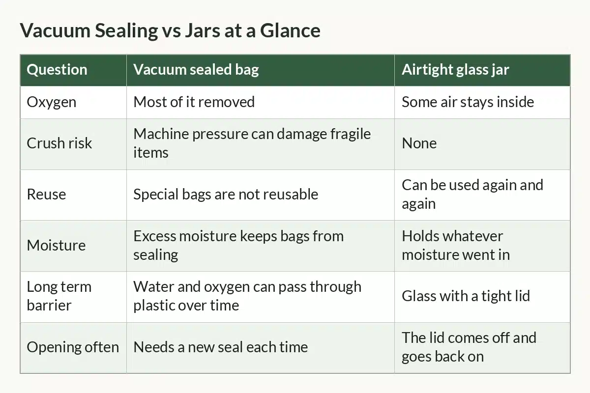 Table graphic of Vacuum Sealing vs Jars at a Glance with columns Question, Vacuum sealed bag, Airtight glass jar and 6 rows