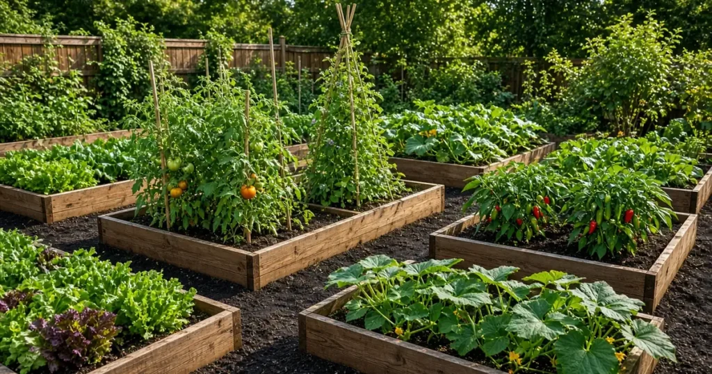 Family vegetable garden with several planted beds