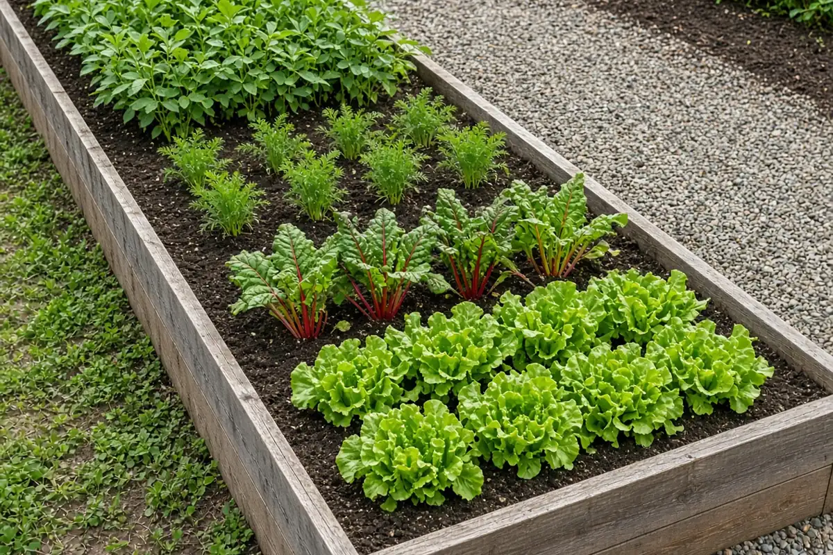 Vegetables growing in a narrow raised bed