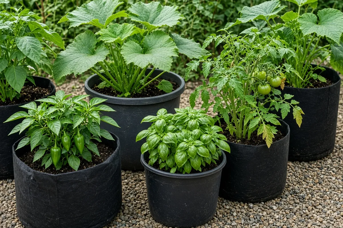 Vegetables growing in pots and grow bags on gravel