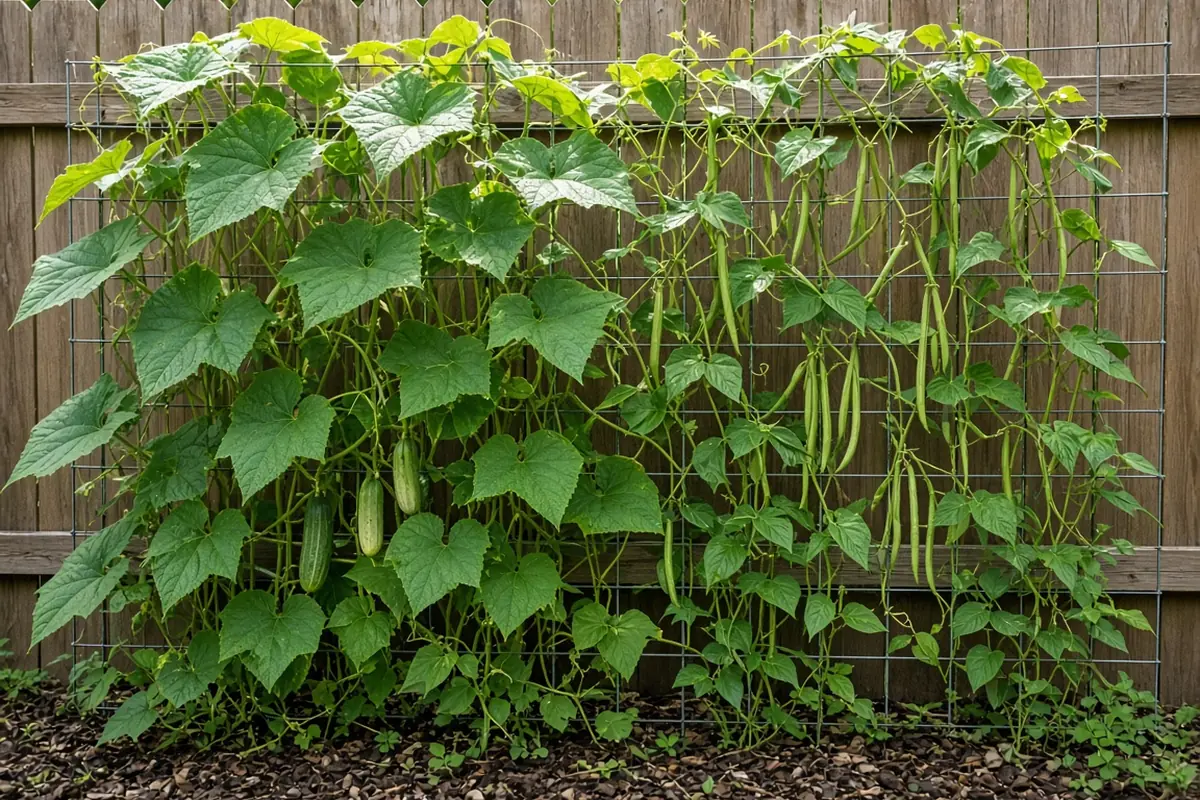 Vegetables growing up a trellis against a fence