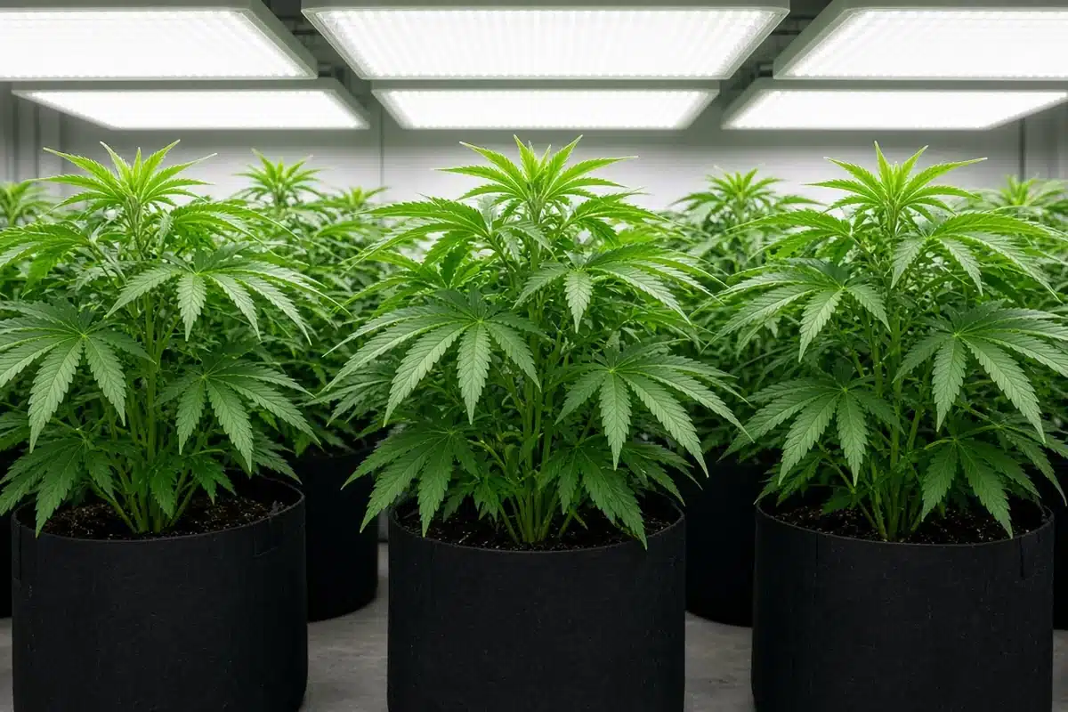 Bushy vegetative cannabis plants under bright grow lights set to a long day schedule indoors