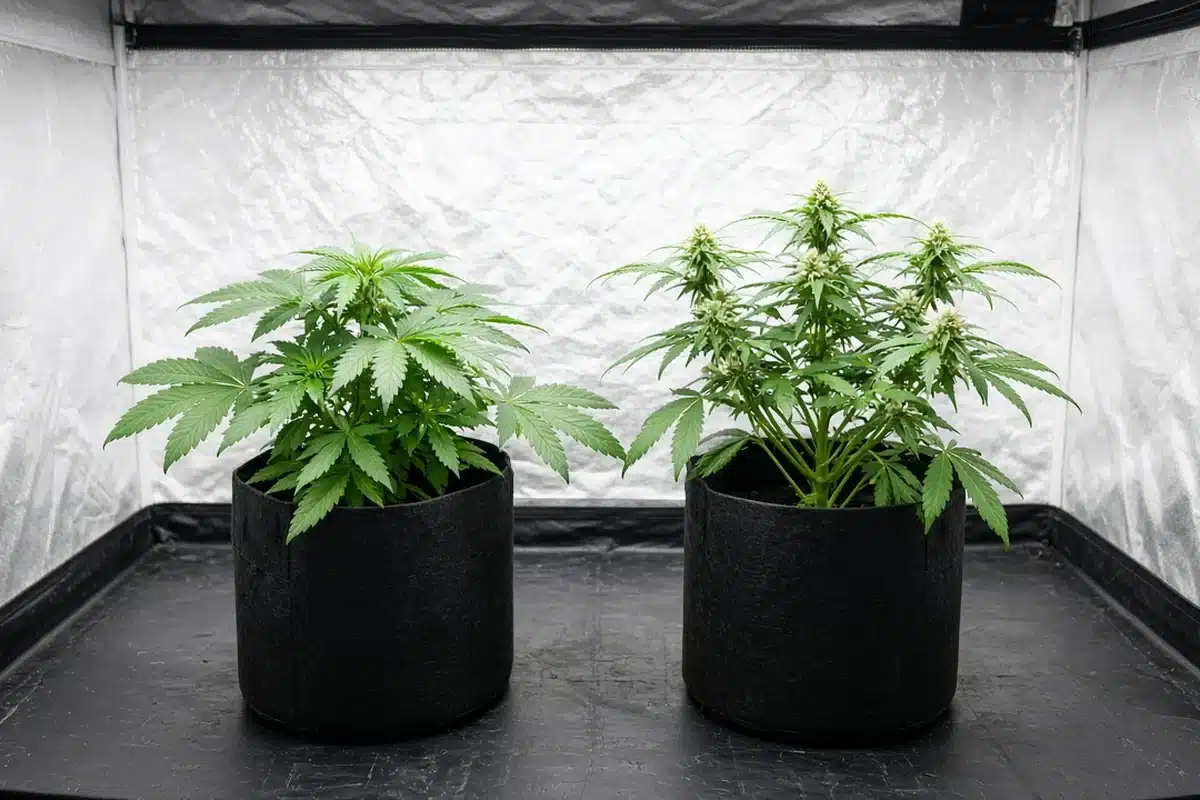 Vegetative cannabis plant next to an early flowering plant