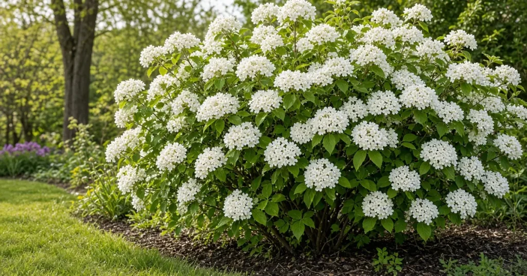 Viburnum shrub with white flower clusters