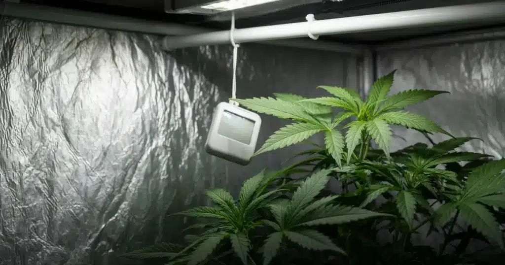 Digital thermometer and hygrometer hanging inside a cannabis grow tent
