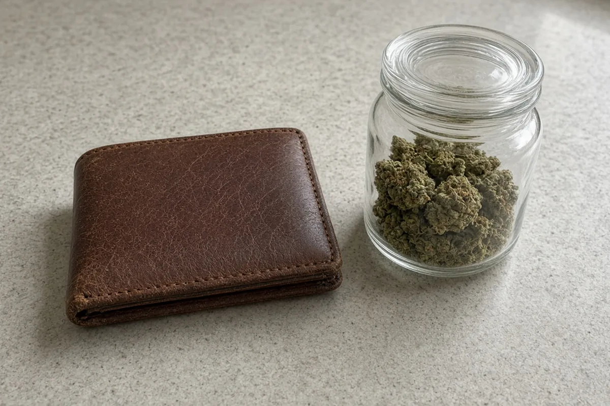 Wallet beside a small sealed jar of cannabis buds