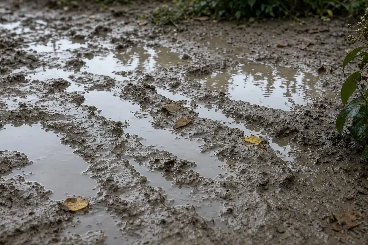 Water pooling on the surface of a clay garden bed after rain