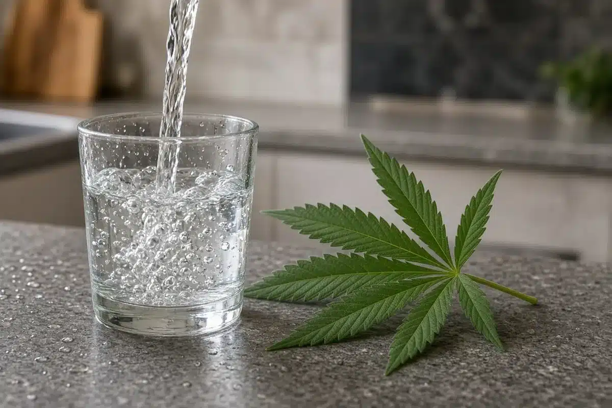 Water pouring into a glass beside a hemp leaf