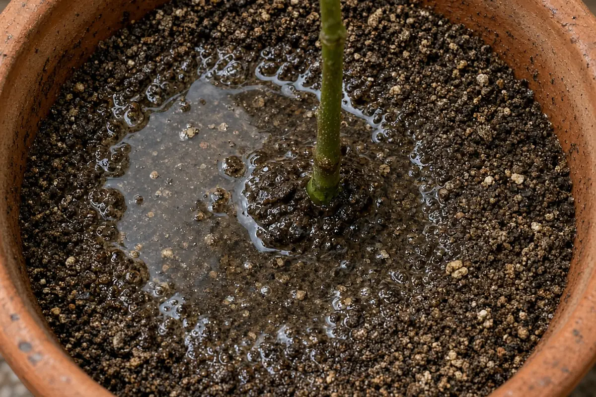 Water soaking into potting mix in a clay pot