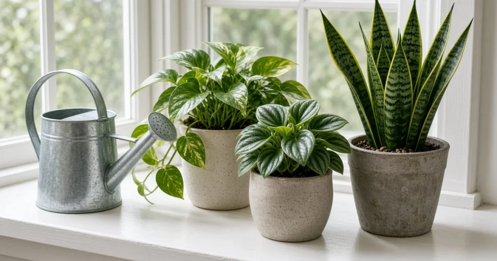 Watering can of water beside potted houseplants