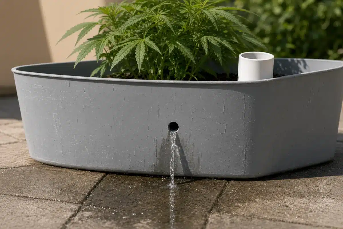 Water trickling from the overflow hole of a homemade tub planter onto patio pavers.