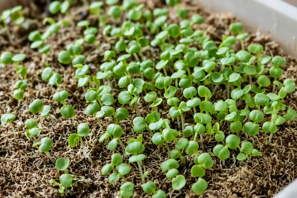 Watercress seedlings sprouting on moist media