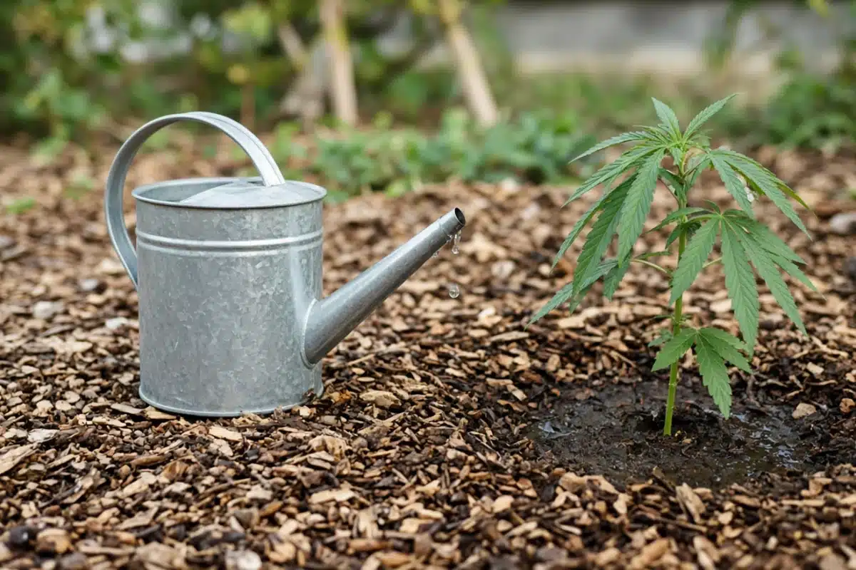 Watering can beside freshly watered soil at the base of a cannabis plant, leaves kept dry.