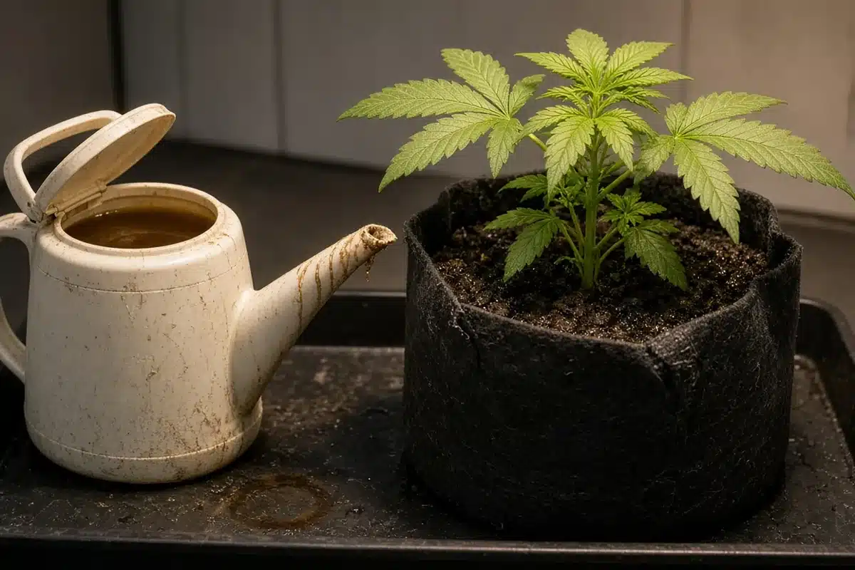 Watering can of diluted brown fish fertilizer beside a cannabis plant in a fabric pot