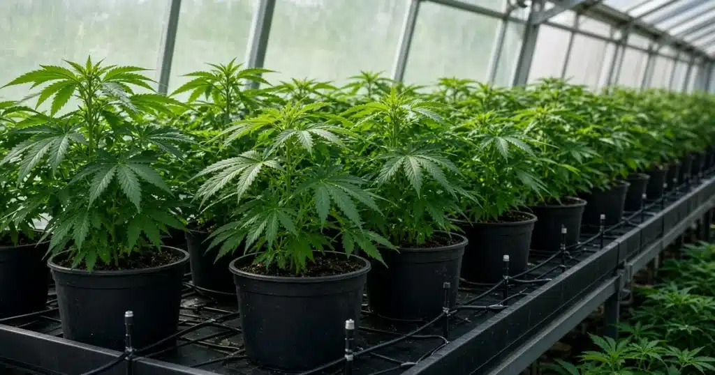 Rows of potted cannabis plants on greenhouse benches with drip lines running to each container