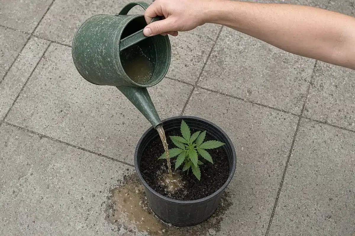 Watering a cannabis plant with a nutrient mix