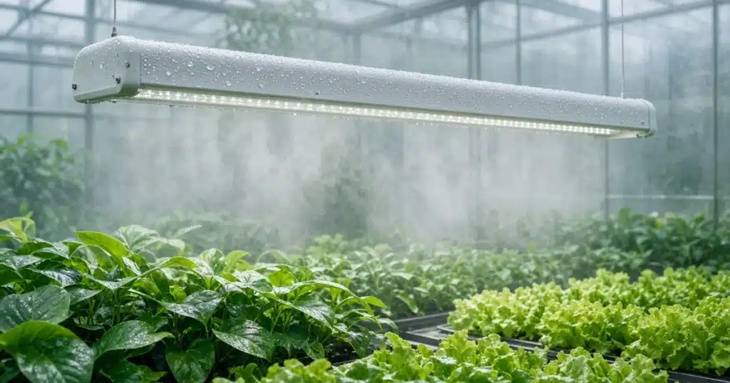 Sealed LED grow light over plants in a humid greenhouse