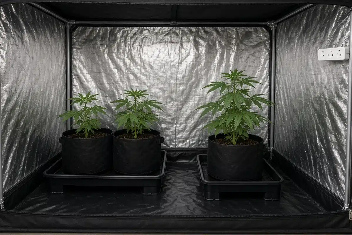 Waterproof floor liner with raised drip trays under cannabis pots and a power strip mounted high on the tent frame