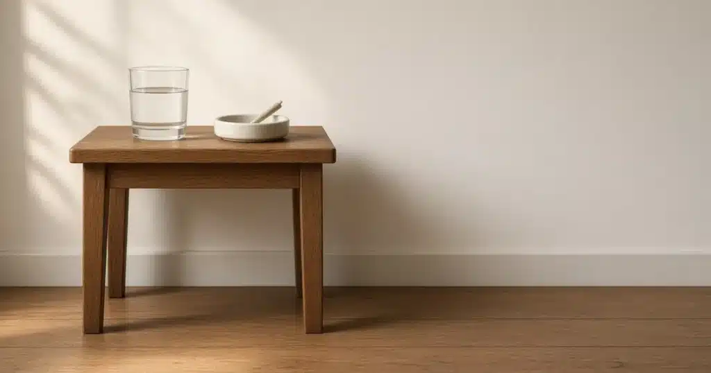 Glass of water and a rolled joint on a bedside table in morning light