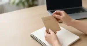 Hands holding a seed packet beside a checklist notebook