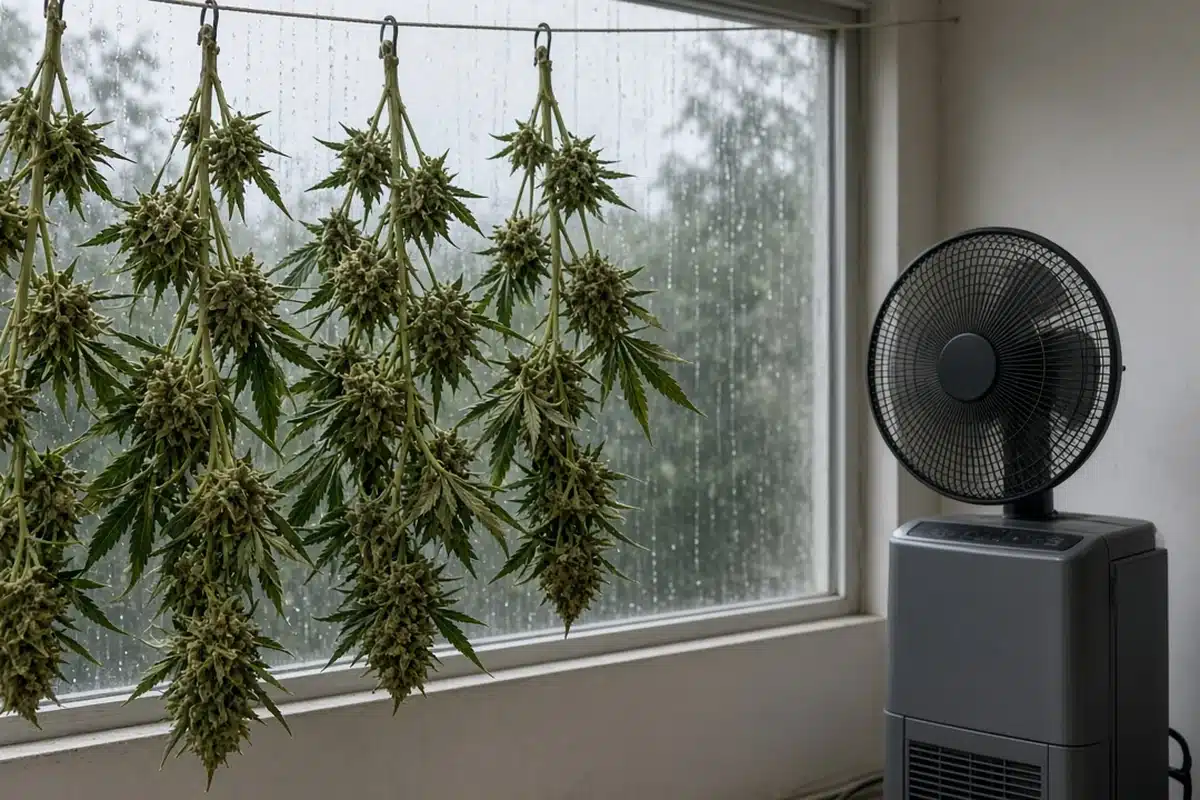 Cannabis branches hanging indoors with a fan and dehumidifier nearby and rain on the window