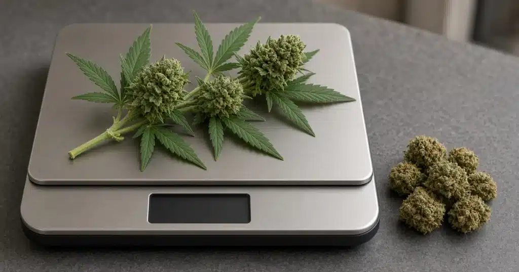 Kitchen scale with a fresh green cannabis branch beside a smaller pile of dried cannabis buds