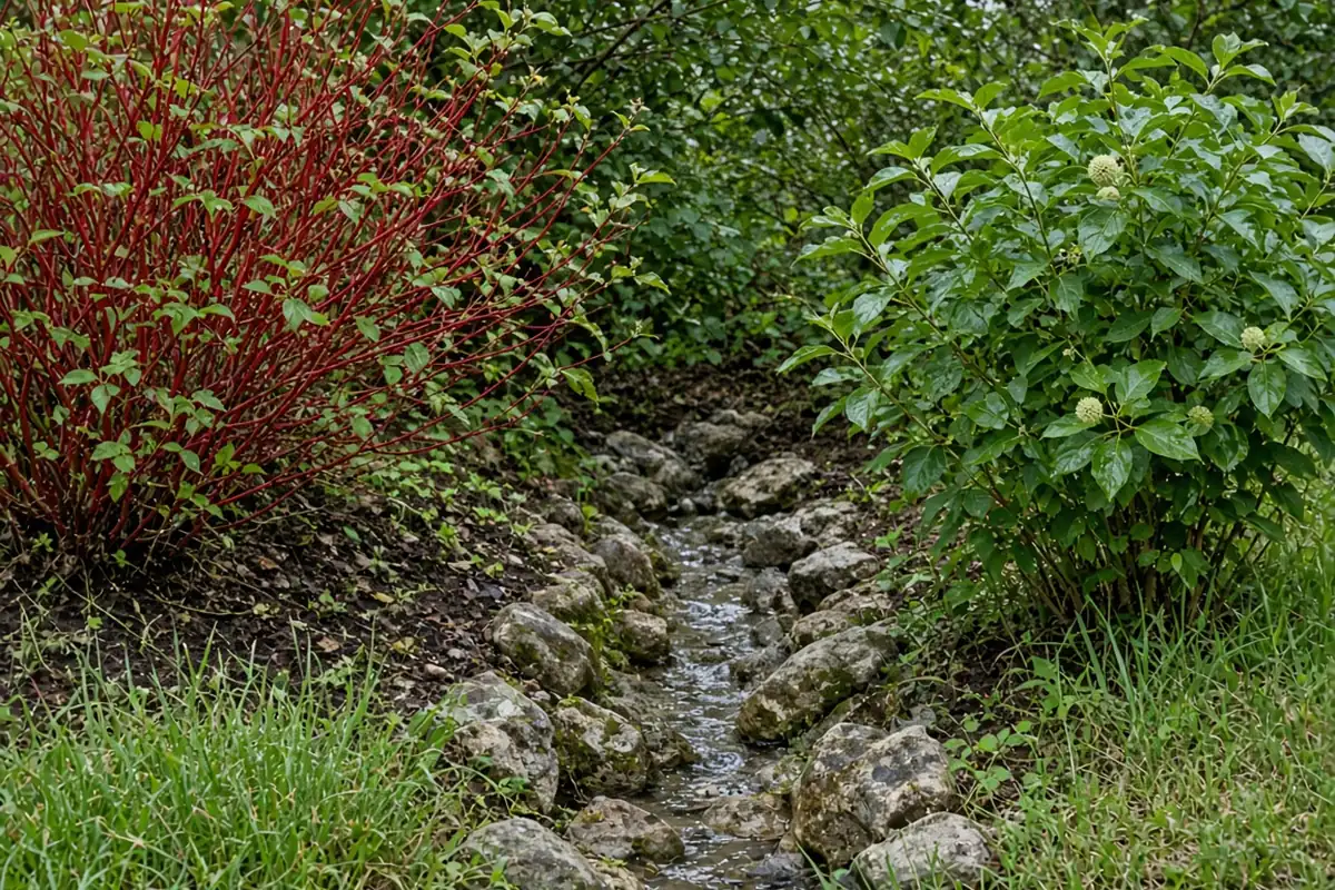 Wet tolerant shrubs beside a drainage swale