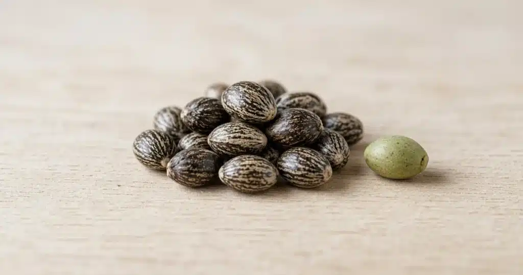 Pile of mature striped cannabis seeds on light wood beside one pale green immature seed