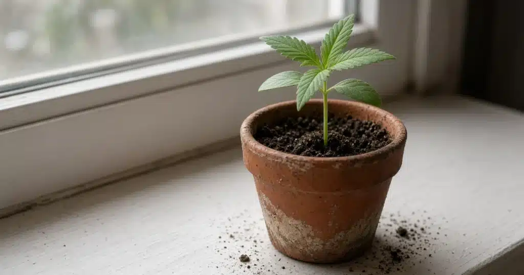 Healthy young cannabis seedling with its first true leaves in a small pot by window light
