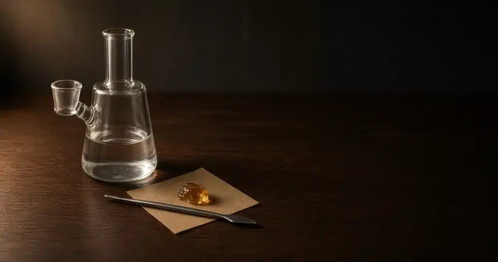 Glass dab rig and amber concentrate on a table