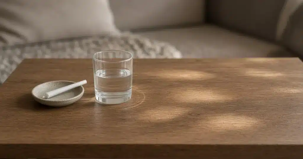 Pre-rolled joint and a glass of water on a calm living room table