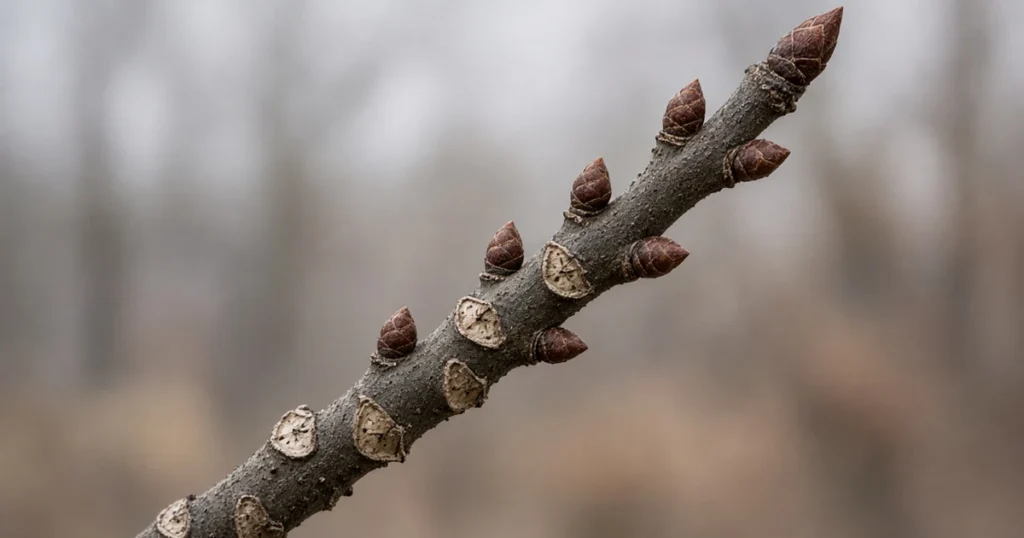 Winter twig with leaf scars below its buds