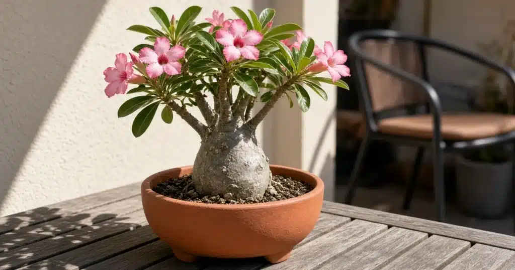 Desert rose plant with a swollen base in a shallow pot