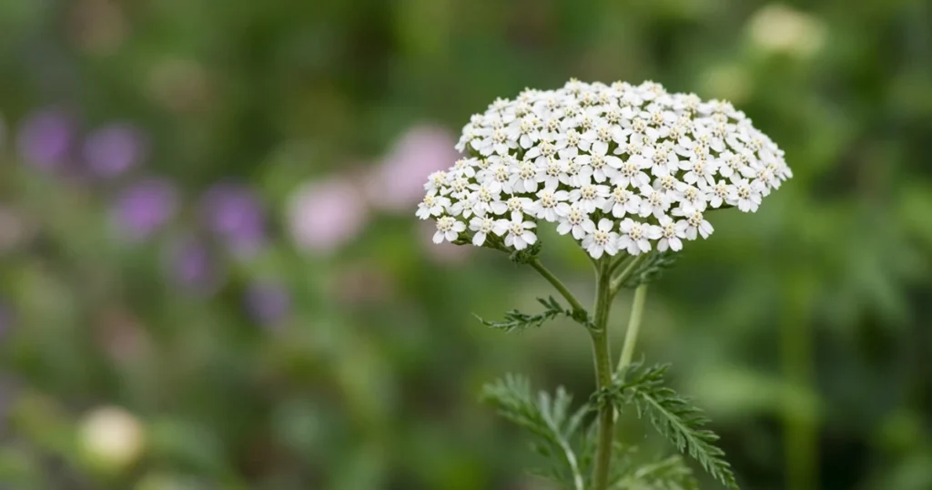 Flat topped white flower cluster on a garden perennial