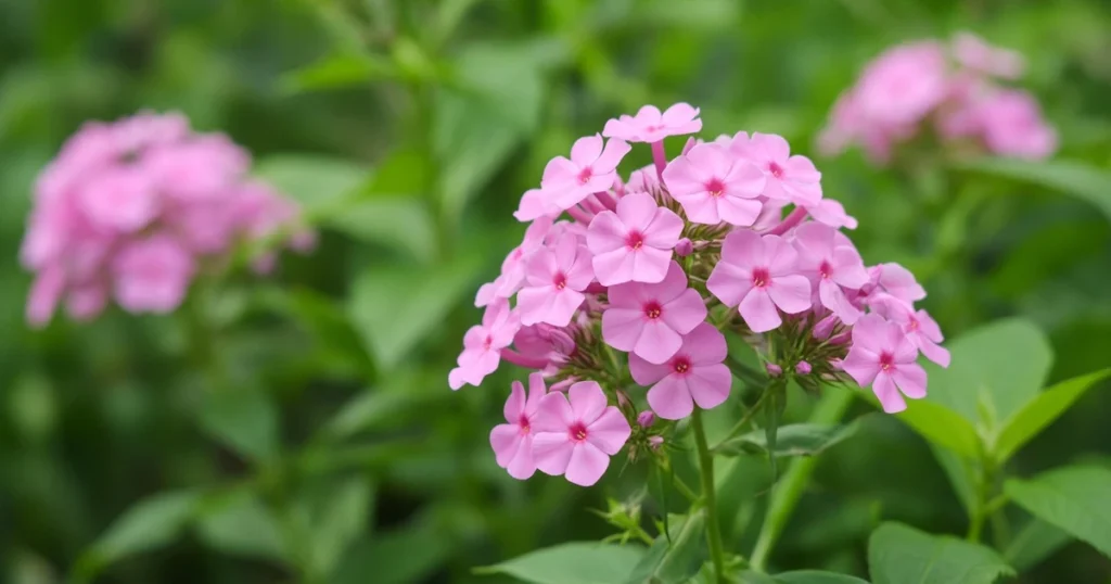 Cluster of small pink flowers on a garden perennial