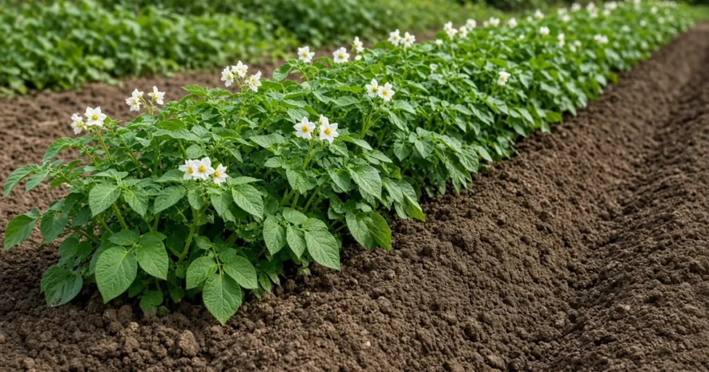 Potato plants growing in a garden row