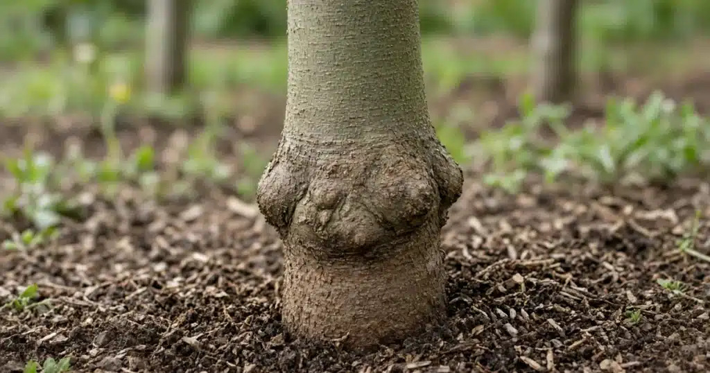 Swollen graft union on a young apple tree trunk