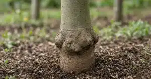 Swollen graft union on a young apple tree trunk