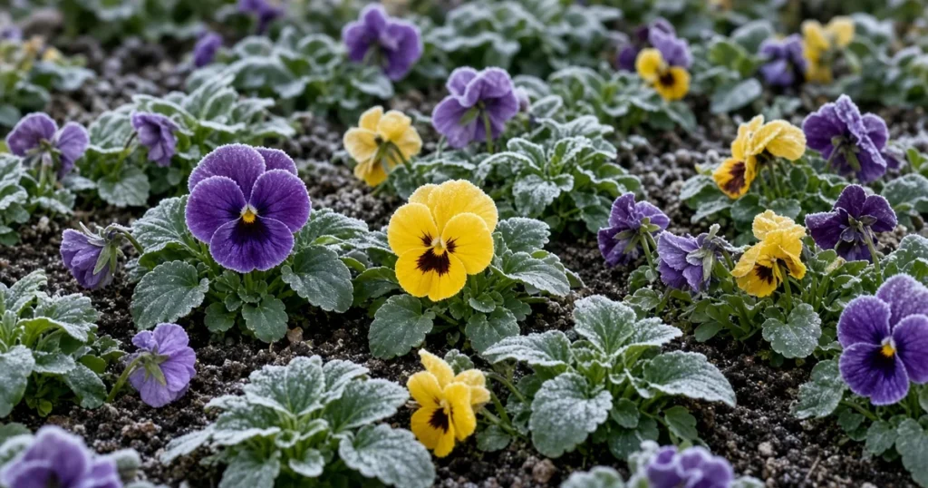 Pansies blooming in a bed with light frost