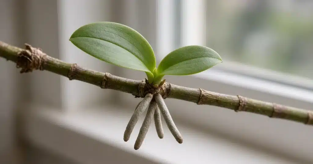 Small orchid keiki with roots on a flower spike
