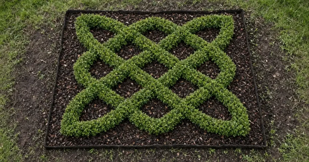 Small square bed with low clipped plants in a woven pattern