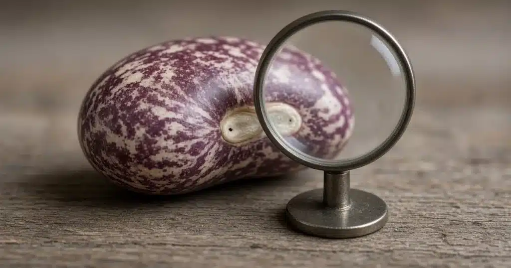 Large speckled bean seed beside a small magnifying lens