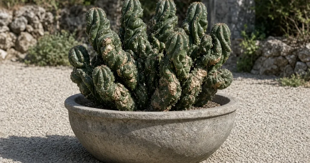Monstrose cactus with twisted irregular stems in a stone bowl