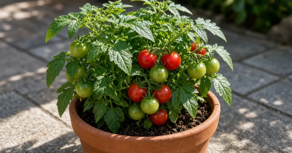 Compact tomato plant in a pot on a patio