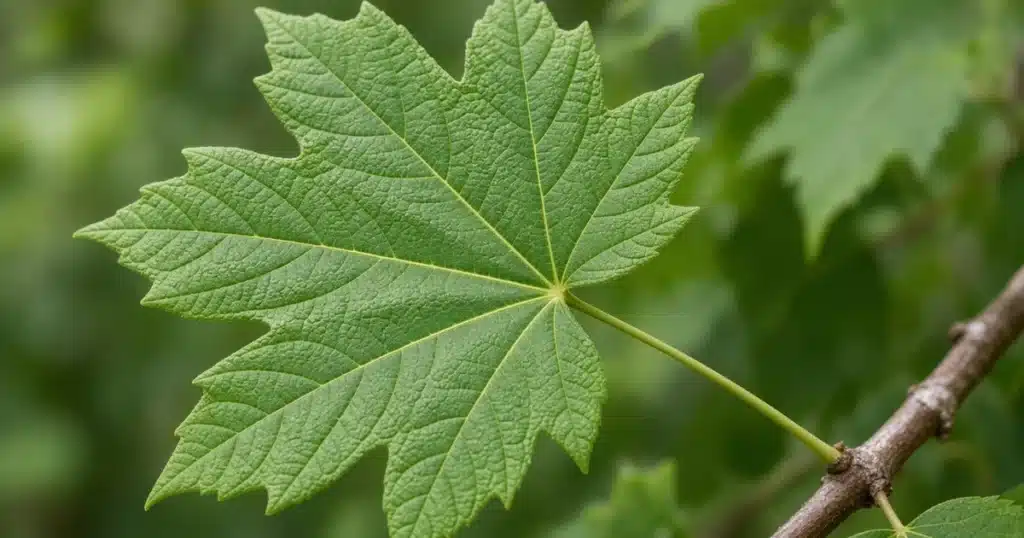 Close view of a leaf blade joined to a stem by a petiole