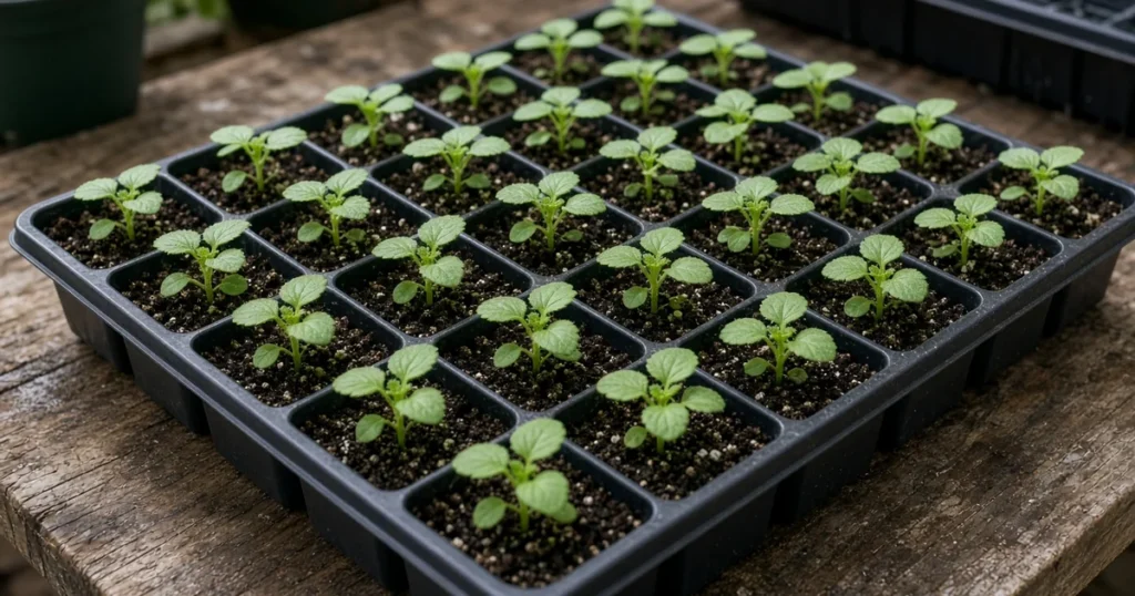 Tray of small plug plants with green seedlings