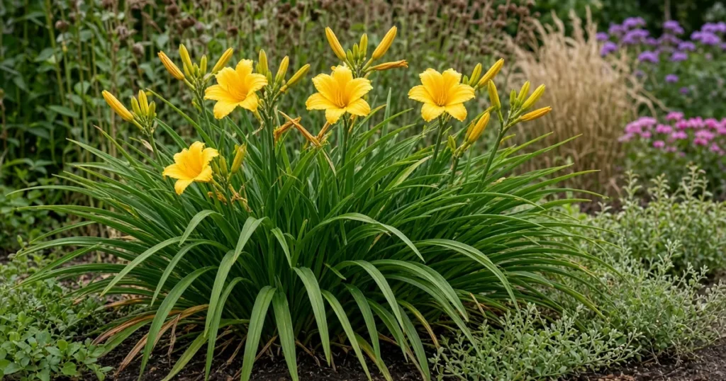 Daylily with a second set of flower stalks in late summer