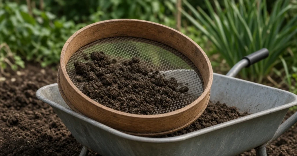 Round garden sieve with soil over a wheelbarrow