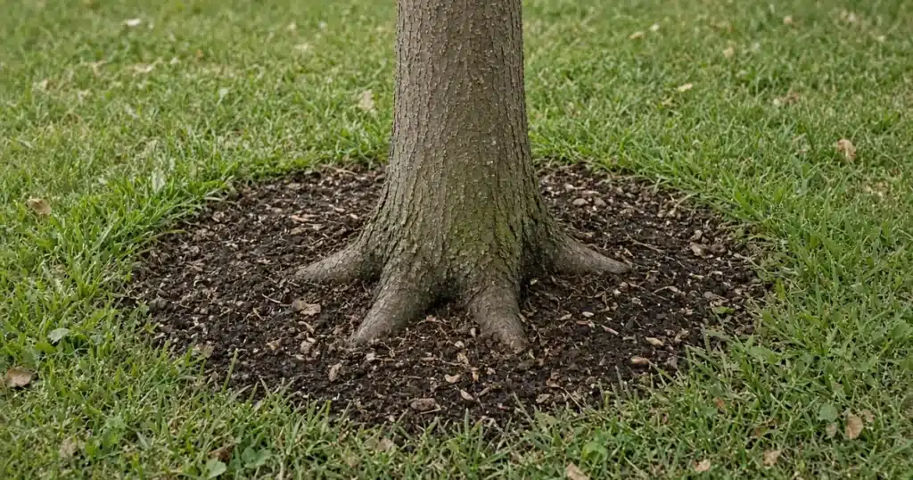 Base of a young tree showing the flare at soil level